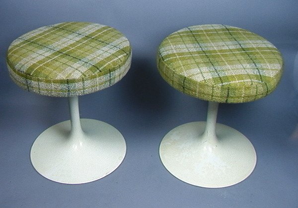 PR AERO SAARINEN for KNOLL Tulip Stools. White En: PR AERO SAARINEN for KNOLL Tulip Stools. White Enamel Bases with Period Fabric Cushion Seats. 2 PCS-- Dimensions: H: 16 inches: W: 15 inches: D: 15 inches ---