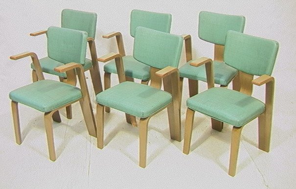 Set 6 THONET Molded Wood Arm Chairs. Turquoise Vi: Set 6 THONET Molded Wood Arm Chairs. Turquoise Vinyl upholstery. labels. 6 PCS.-- Dimensions: H: 33 inches: W: 22.5 inches: D: 20 inches ---
