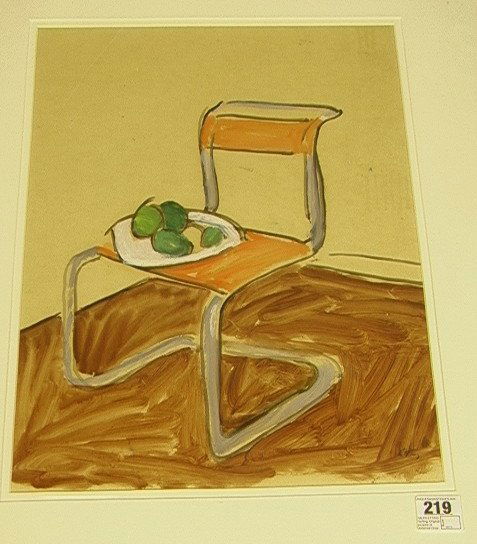 EMLEN ETTING Painting. Original gouache of Modern: EMLEN ETTING Painting. Original gouache of Modernist chair with plate of fruit. Philadelphia area artist, 1905-93. with 4 page Bio.-- Dimensions: Image Size: H: 16 inches: W: 12 inches ---