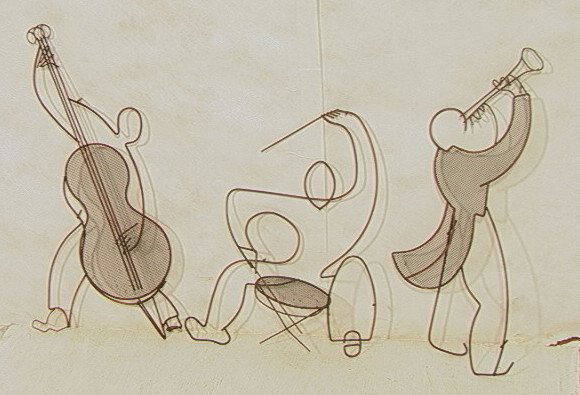 FREDERICK WEINBERG Musical Sculptures. Three Wir: FREDERICK WEINBERG Musical Sculptures. Three Wire figures playing instruments. Trumpet, Base, & Drums. Copper color finish.-- Dimensions: H: 27 inches: W: 14 inches --- US Shipping charge: $28