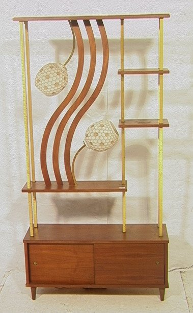 American Modern Kitsch Display Shelf Cabinet Lam: American Modern Kitsch Display Shelf Cabinet Lamp. Square brass tube frame with walnut shelves.-- Dimensions: H: 72 inches: W: 36 inches: D: 12 inches ---