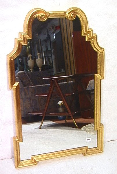 Decorator Ethan Allen Gilt Wall Mirror. Shaped w: Decorator Ethan Allen Gilt Wall Mirror. Shaped with scroll top.-- Dimensions: H: 40.5 inches: W: 25 inches: D: 1.75 inches ---