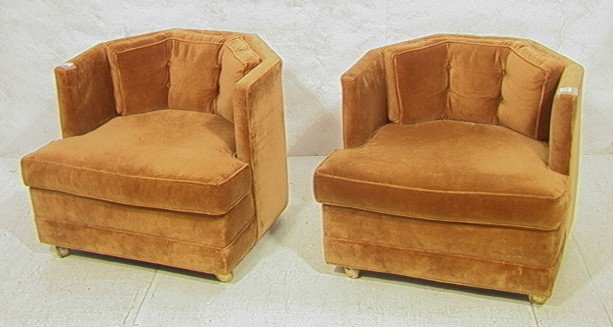 PR Dunbar Style Lounge Chairs. Low lounges with: PR Dunbar Style Lounge Chairs. Low lounges with angled backs. Brown velvet. Unmarked.-- Dimensions: H: 24.5 inches: W: 30 inches: D: 31 inches ---