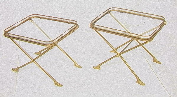 PR Decorator Brass Tray Tables. Fornasetti Style: PR Decorator Brass Tray Tables. Fornasetti Style with sandal footed feet & hands. Gallery tops. Campaign style. Tray lift off.-- Dimensions: H: 17.5 inches: W: 22.25 inches: D: 18 inches ---