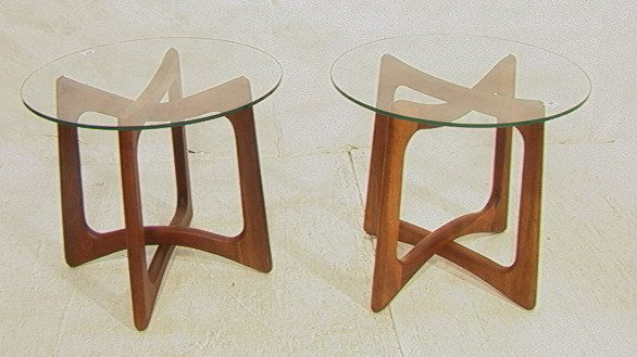 PR Adrian Pearsall Side Tables with Round Glass T: PR Adrian Pearsall Side Tables with Round Glass Tops. American modern walnut. Arched bases. Kagan Style.-- Dimensions: H: 21.75 inches: W: 24 inches ---
