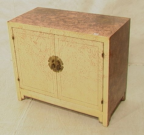 HERITAGE Oil Spot Lacquered Chest Cabinet. Asian: HERITAGE Oil Spot Lacquered Chest Cabinet. Asian brass hardware on two door cabinet. Bullet hinges. Top & sides are intentionally darker lacquer. -- Dimensions: H: 30 inches: W: 36 inches: D: 18 inche
