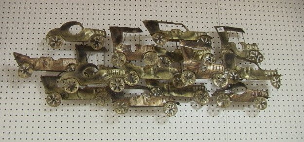 C JERE Metal Wall Sculpture. Vintage Cars Autos.: C JERE Metal Wall Sculpture. Vintage Cars Autos. Not signed.-- Dimensions: H: 16 inches: W: 50 inches: D: 6.5 inches ---