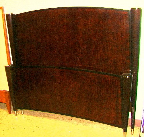 Large Art Deco style Wood Bed. Headboard & Footbo: Large Art Deco style Wood Bed. Headboard & Footboard with conical posts that are chrome capped. Chrome foot caps. Has rails.-- Dimensions: H: 57.75 inches: W: 68 inches ---