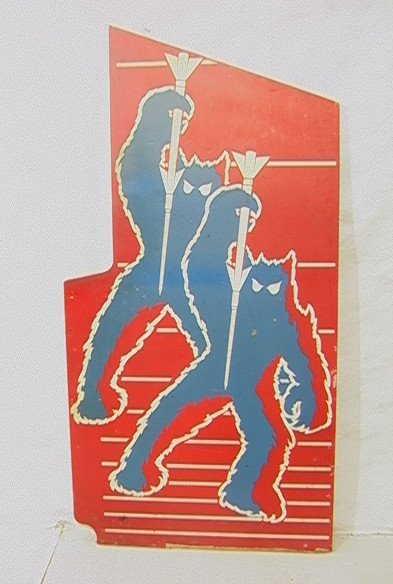 Side Panel from Space Invaders Arcade Game. Two h: Side Panel from Space Invaders Arcade Game. Two hairy creatures with rockets. -- Dimensions: H: 68 inches: W: 34 inches ---