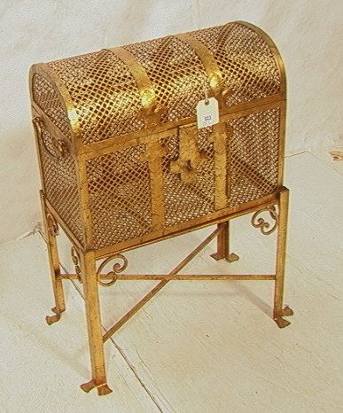 Vintage Gilt Italian Iron Casket on Stand. Lattic: Vintage Gilt Italian Iron Casket on Stand. Lattice work trunk on base with "X" stretcher. Unmarked.-- Dimensions: H: 34 inches: W: 24 inches: D: 15 inches ---