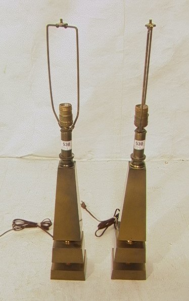 Pr Modernist Decorator Brass Obelisk Form Table L: Pr Modernist Decorator Brass Obelisk Form Table Lamps. Segmented obelisk in antiqued brass.-- Dimensions: H: 29 inches ---