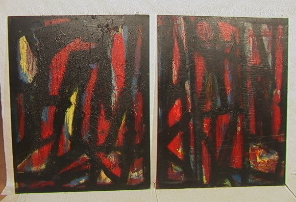 PR Signed Oil Paintings on Canvas. Two Abstract O: PR Signed Oil Paintings on Canvas. Two Abstract Oils with Stained Glass style motif. Both signed on rear. Possibly JOSE MER???O-- Dimensions: H: 60 inches: W: 48 inches ---
