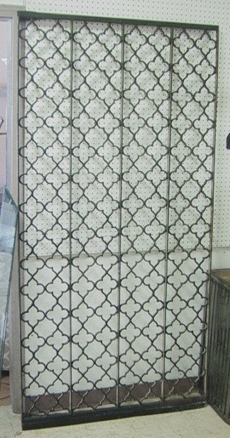 Heavy Iron Panel in manner of JEAN ROYERE. Heavy: Heavy Iron Panel in manner of JEAN ROYERE. Heavy Iron Panel with mounted hinges for gate or door. Quatrefoil design.-- Dimensions: H: 82.5 inches: W: 40 inches ---
