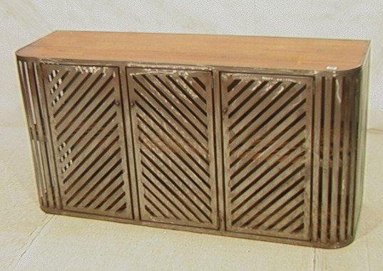 Stainless Steel Industrial Sideboard Credenza. Oa: Stainless Steel Industrial Sideboard Credenza. Oak plank top & shelves. Flat steel construction base with rounded corners. -- Dimensions: H: 30.25 inches: D: 18 inches: L: 60 inches ---
