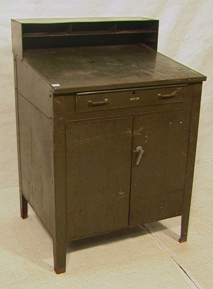 AURORA LYON Illinois Industrial Metal Desk. Green: AURORA LYON Illinois Industrial Metal Desk. Green metal cabinet desk. Two doors & one drawer.-- Dimensions: H: 53 inches: W: 34.5 inches: D: 30 inches ---