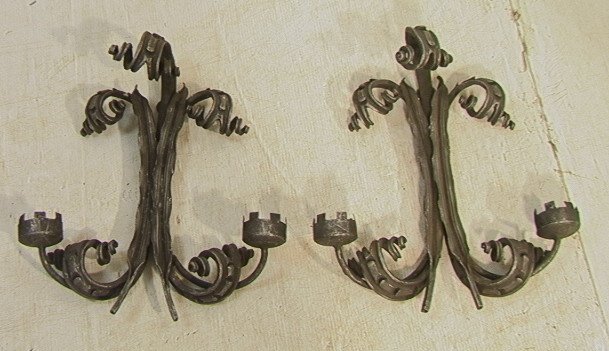 Pr Vintage Wrought Iron Candle Wall Sconces. Deco: Pr Vintage Wrought Iron Candle Wall Sconces. Decorative Fancy Leaf & Scroll Design. Large two candle holders.-- Dimensions: H: 19 inches: W: 17 inches: D: 4 inches ---