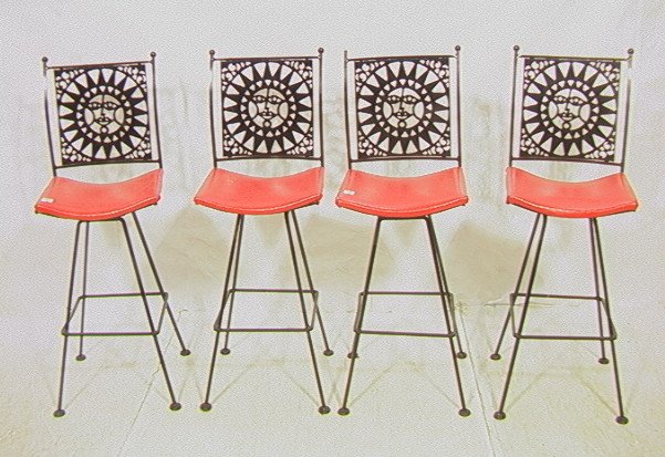 Set 4 SHAVER HOWARD Sunburst Iron Stools. ARTHUR: Set 4 SHAVER HOWARD Sunburst Iron Stools. ARTHUR UMANOFF designed. Black iron with red Vinyl seats. Label.-- Dimensions: H: 48 inches: W: 17 inches: D: 19 inches ---