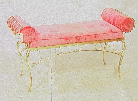 Decorator 80's style Vanity Bench. Gold Wire Fram: Decorator 80's style Vanity Bench. Gold Wire Frame with HOT PINK Seat cushion & bolsters. -- Dimensions: H: 25 inches: W: 46 inches: D: 18 inches ---