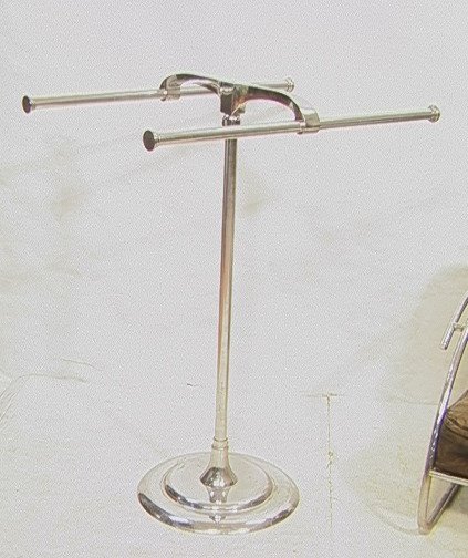 Heavy Industrial Chrome Store Display Rack. Comme: Heavy Industrial Chrome Store Display Rack. Commercial weight & size Coat clothing display rack with two bars. -- Dimensions: H: 51 inches: W: 26.5 inches: D: 37.5 inches ---