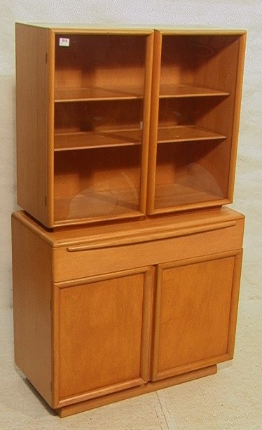 HEYWOOD WAKEFIELD Champagne 2 Part China Cabinet.: HEYWOOD WAKEFIELD Champagne 2 Part China Cabinet. Bubble glass two door china. Base cabinet with one drawer, two doors. China marked C1545.-- Dimensions: H: 64 inches: W: 36.5 inches: D: 17.5 inches -