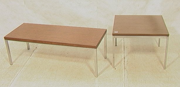 2 Heavy KNOLL ASSOC Chrome Coffee & End Table. Fl: 2 Heavy KNOLL ASSOC Chrome Coffee & End Table. Floating faux wood laminate tops. Knoll sticker. 2 PCS-- Dimensions: H: 15 inches: D: 18 inches: L: 45 inches ---