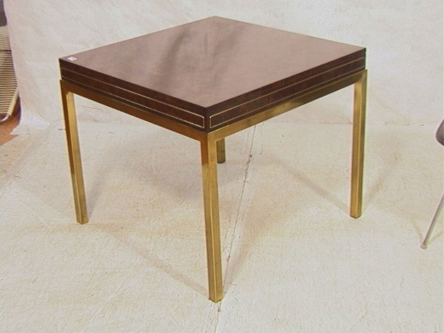 MASTERCRAFT Brass & Burl Wood Table. Burl Wood Fr: MASTERCRAFT Brass & Burl Wood Table. Burl Wood Frame with brass inlay trim. Square brass column legs with burled wood table top. Unmarked.-- Dimensions: H: 29 inches: W: 34 inches: D: 34 inches ---