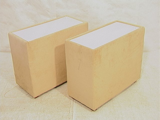 Two 80's Light Up Fabric End Tables. Cream Colore: Two 80's Light Up Fabric End Tables. Cream Colored Fabric wrapped tables. White Plexiglas panel top. Wood feet. 2 PCS-- Dimensions: H: 25 inches: W: 31.5 inches: D: 15 inches ---