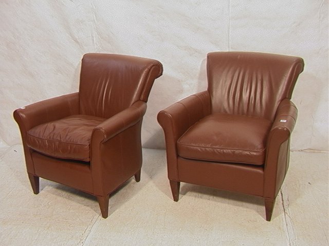 PR Brown Leather Club Chairs. Tall Flared Back Ar: PR Brown Leather Club Chairs. Tall Flared Back Arm Chairs. Brown leather. 2 PCS-- Dimensions: H: 36 inches: W: 33 inches: D: 31 inches ---