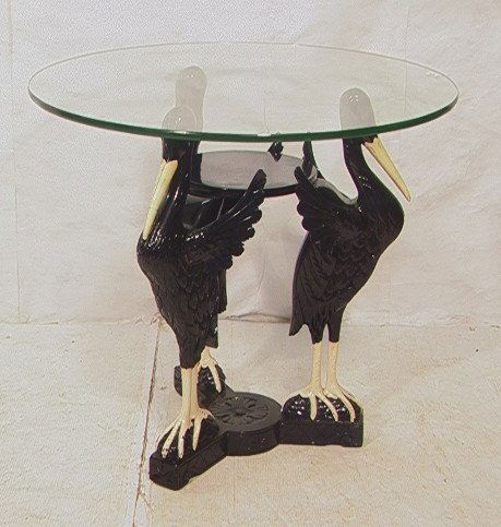 Decorator Figural Three Bird Glass Top Table. Sid: Decorator Figural Three Bird Glass Top Table. Side table with carved wood Black painted birds. -- Dimensions: H: 36 inches: W: 38 inches: D: 38 inches ---
