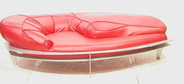 Modernist Contemporary Red Upholstered Sofa Couch: Modernist Contemporary Red Upholstered Sofa Couch. Stainless steel base. Architectural style. -- Dimensions: H: 23 inches: D: 44 inches: L: 91 inches ---