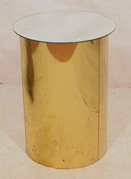 C JERE Brass Column Drum Pedestal. Mirror Top. Si: C JERE Brass Column Drum Pedestal. Mirror Top. Signed.-- Dimensions: H: 28.5 inches: W: 20 inches ---
