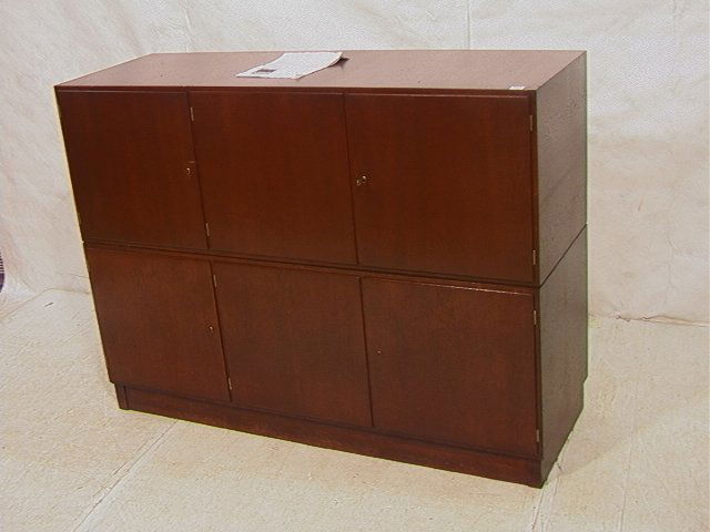 FRANZ SCHUSTER German Bauhaus Stained Oak Cabine: FRANZ SCHUSTER German Bauhaus Stained Oak Cabinets. Dorotheum Aufbau-Mobel Programe. Schuster was involved in post war Vienna urban planning. Two part dark stained oak cabinet. Labeled.-- Dimensions: