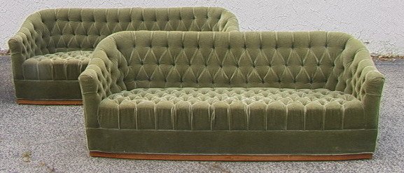 Pair Green Mohair Club Sofas with Wood Trim Bases: Pair Green Mohair Club Sofas with Wood Trim Bases.-- Dimensions: 31 h x 83 w x 34 deep---