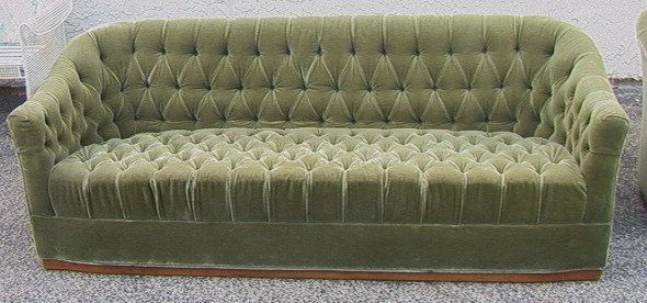 Green Mohair Club Sofas with Wood Trim Bases.: Green Mohair Club Sofas with Wood Trim Bases.-- Dimensions: 31 h x 83 w x 34 deep