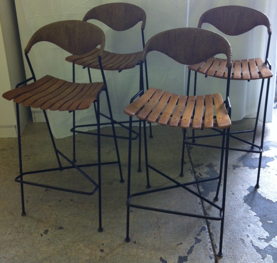 Set 4 Arthur Umanoff Bars Stools Barstools.: Set of 4 with slat seats and woven backs. Hairpin iron.