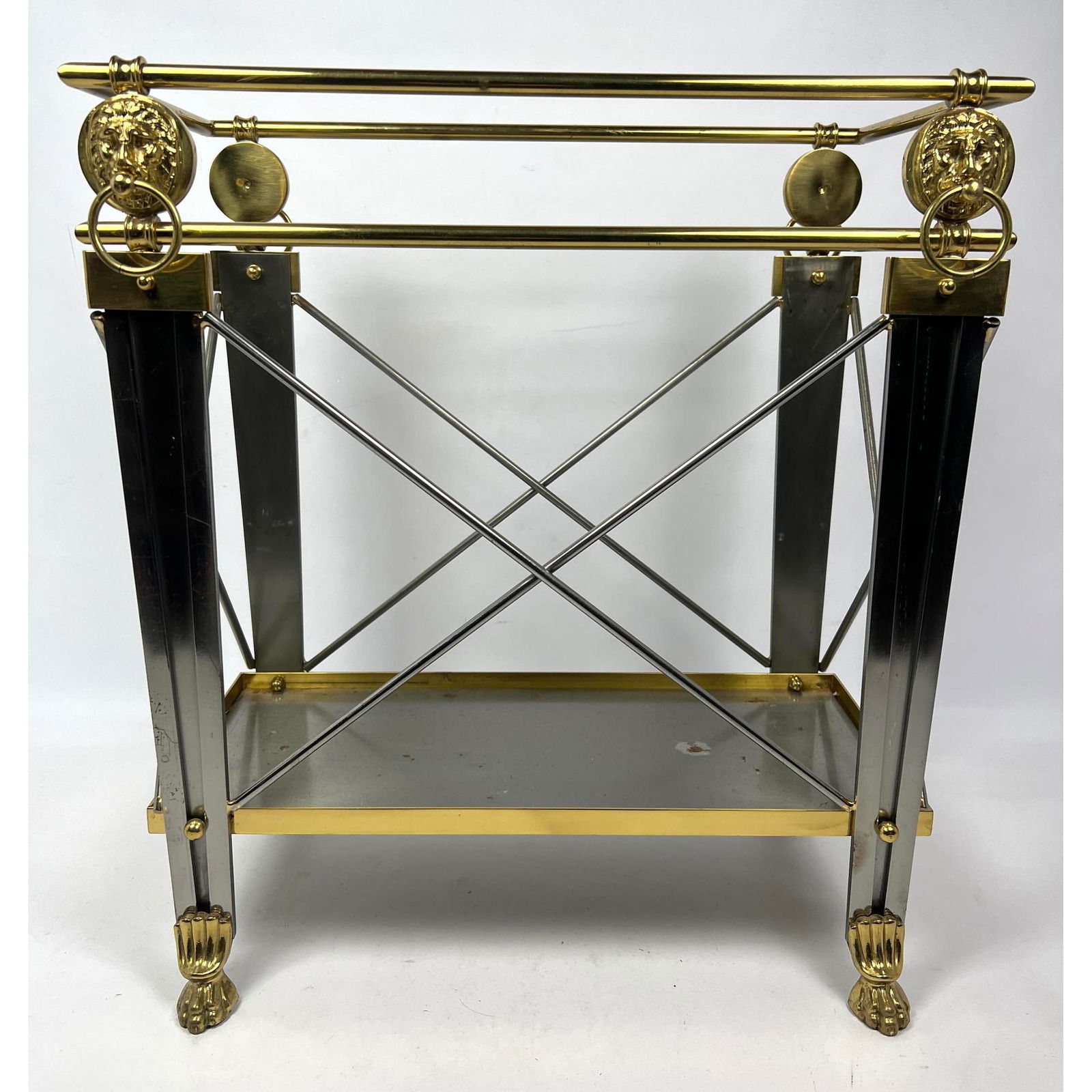 Regency style Stainless and Brass Magazine Rack. Classic form with Lion's Head Details. Dark Metal L (1 of 11)