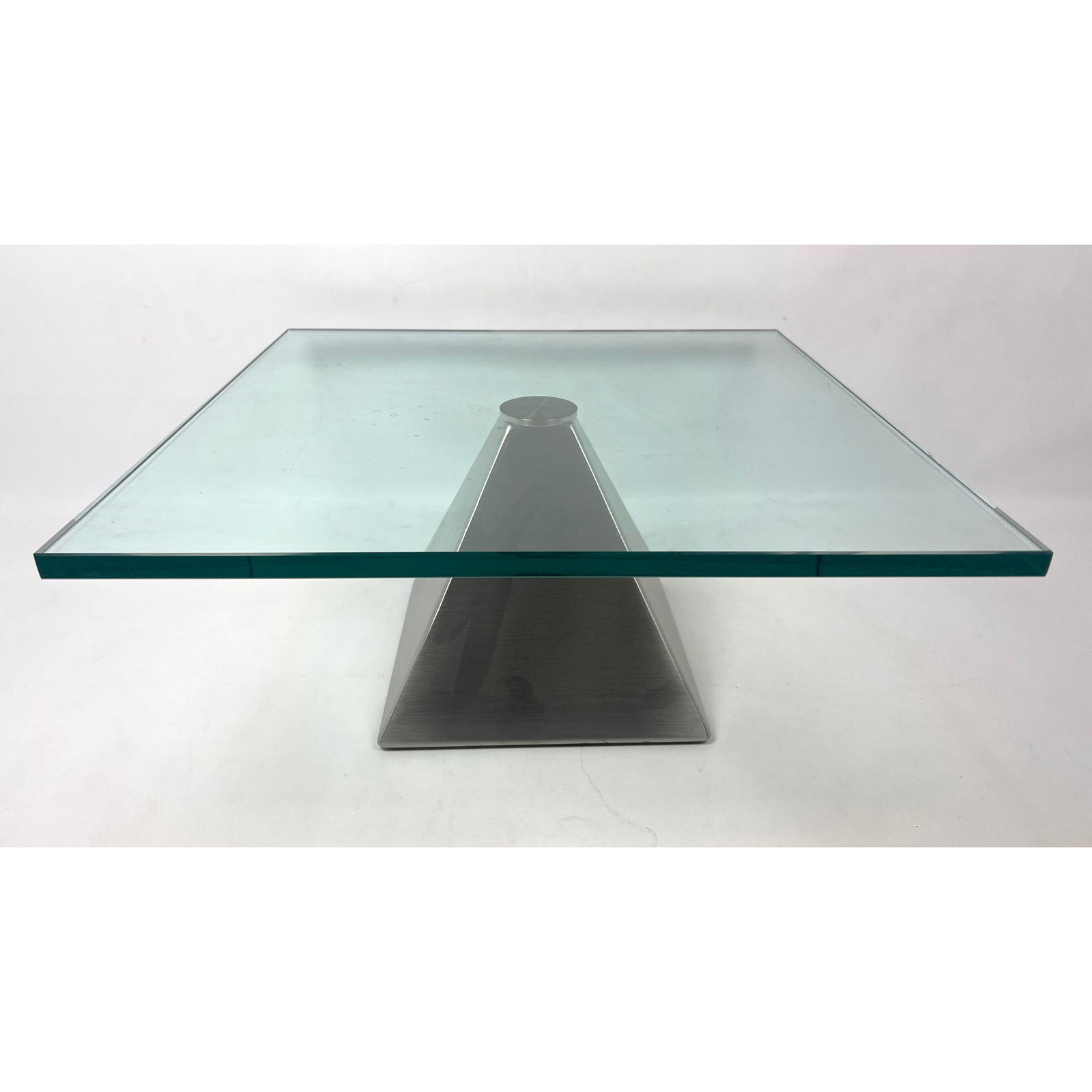 Italy Cantoni Stainless Base, Thick Glass Top Table Pedestal.  Stainless pyramid base. Note size. (1 of 8)