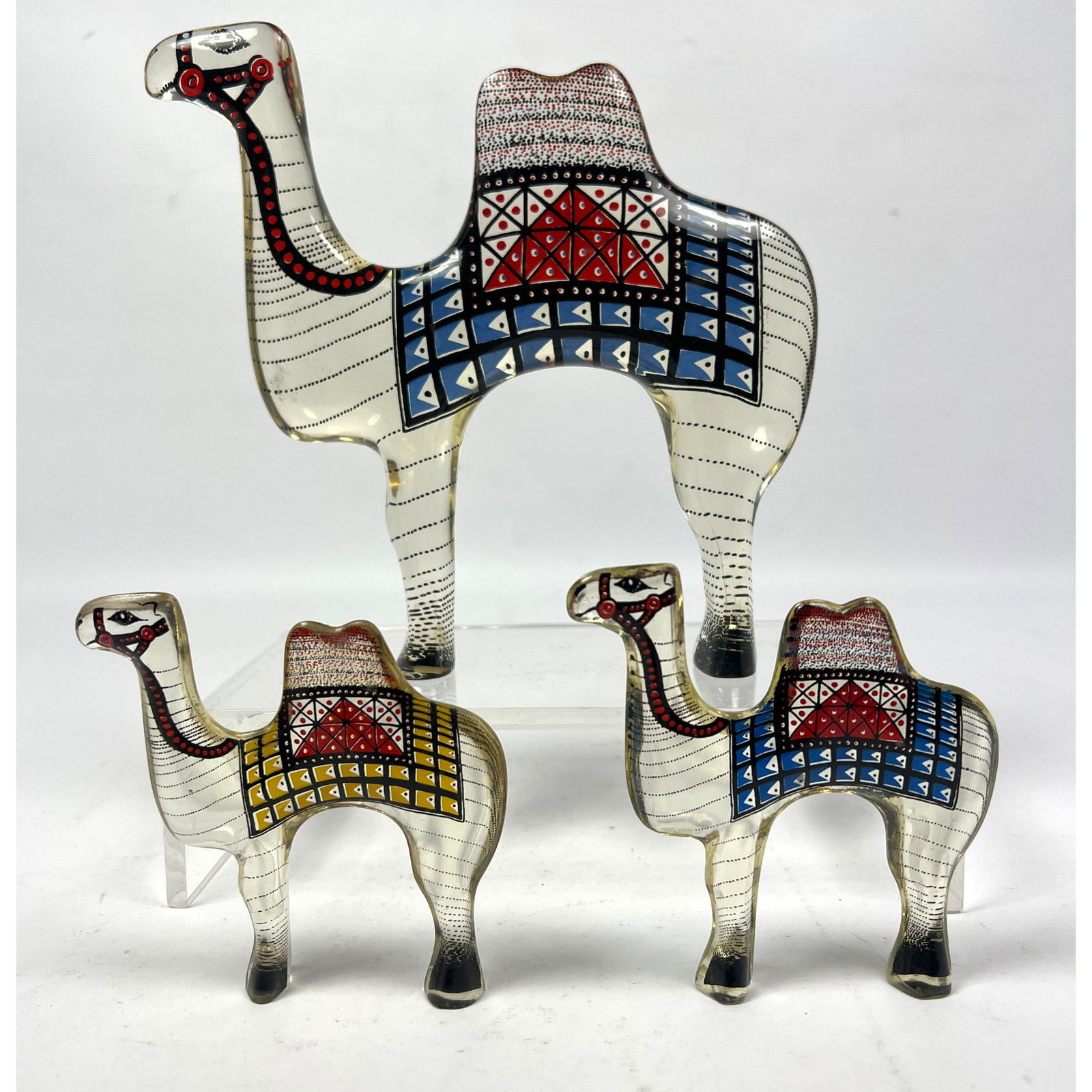 3pc Mid Century Modern Lucite Abraham Palatnik Brazil Camel sculptures. PAL: 3pc Mid Century Modern Lucite Abraham Palatnik Brazil Camel sculptures. PAL Dimensions: Height: 8 inches, Width: 7 inches, Depth: 1 inches. --- US Packing and Shipping charge: $35 Plus insurance at a