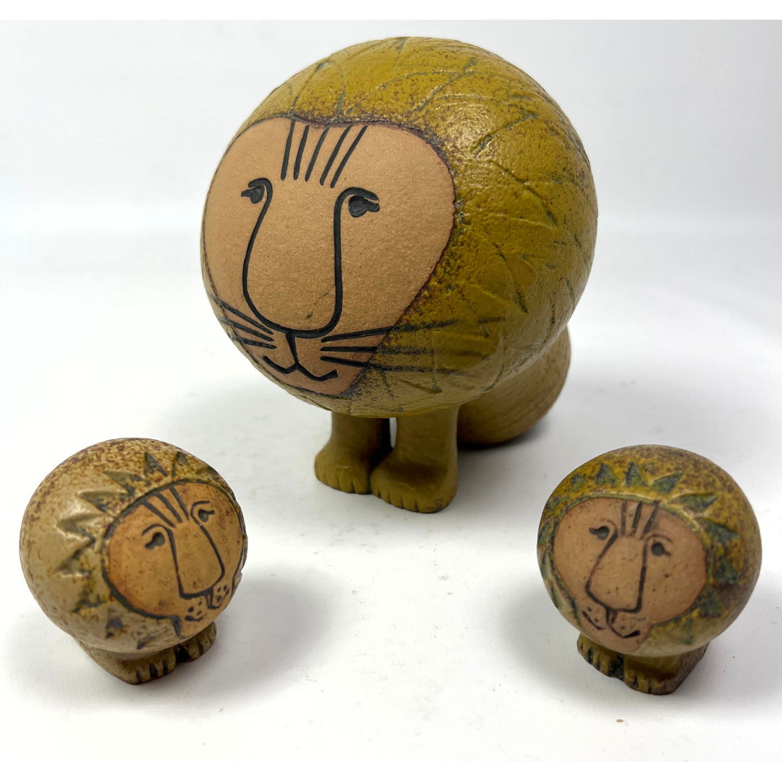 3pc LISA LARSON for GUSTAVSBERG Lions. Figural Pottery Lions with stylized incised faces and whisker (1 of 13)