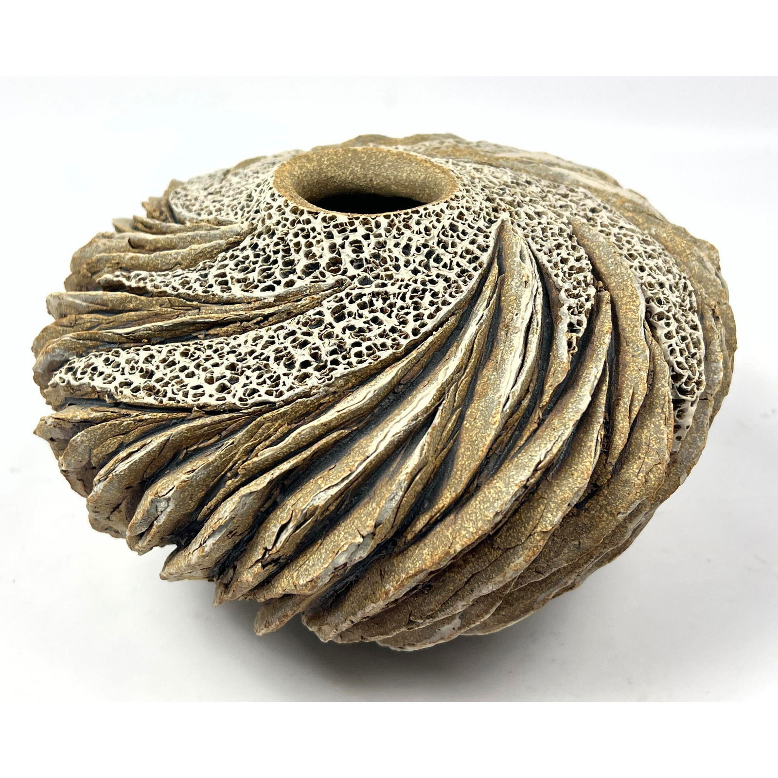 ANN GOLDMAN American Art Pottery Vase.  Bark like textured vessel in natural clay with opaque white (1 of 9)