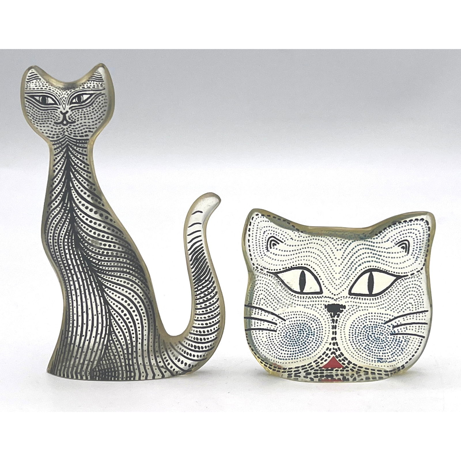 2pc  ABRAHAM PALATNIK  Brazil Lucite CAT Sculptures. Cat Face.  Cat with Raised Tail. Made in Brazil (1 of 3)