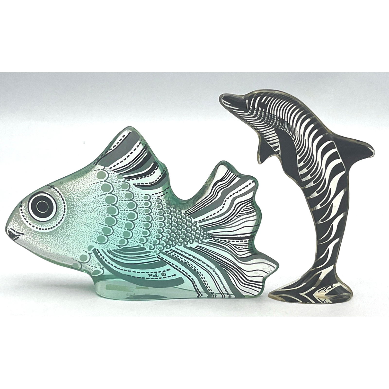 2pc Signed ABRAHAM PALATNIK  Brazil Lucite Fish Sculptures. Standing Dolphin. Large Green Aqua Fish. (1 of 7)