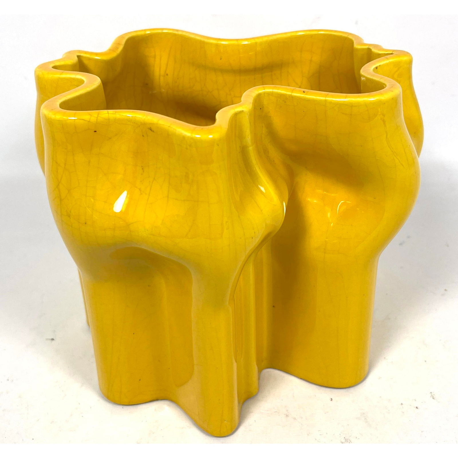 RAYMOR Bright Yellow Glazed Pottery Vase. Freeform Organic Vessel. Paper Label.: RAYMOR Bright Yellow Glazed Pottery Vase. Freeform Organic Vessel. Paper Label. Dimensions: Height: 7.5 inches, Width: 8.5 inches, Depth: 8 inches. --- US Packing and Shipping charge: In house shippin