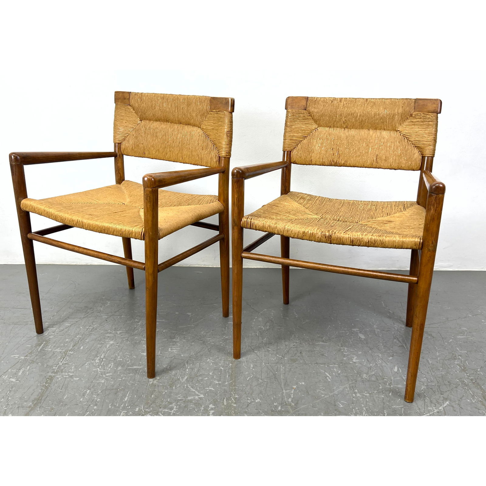 Pr MEL SMILOW Woven Rush Open Arm Lounge Chairs. Frames have woven rush seats and backrests. (1 of 12)