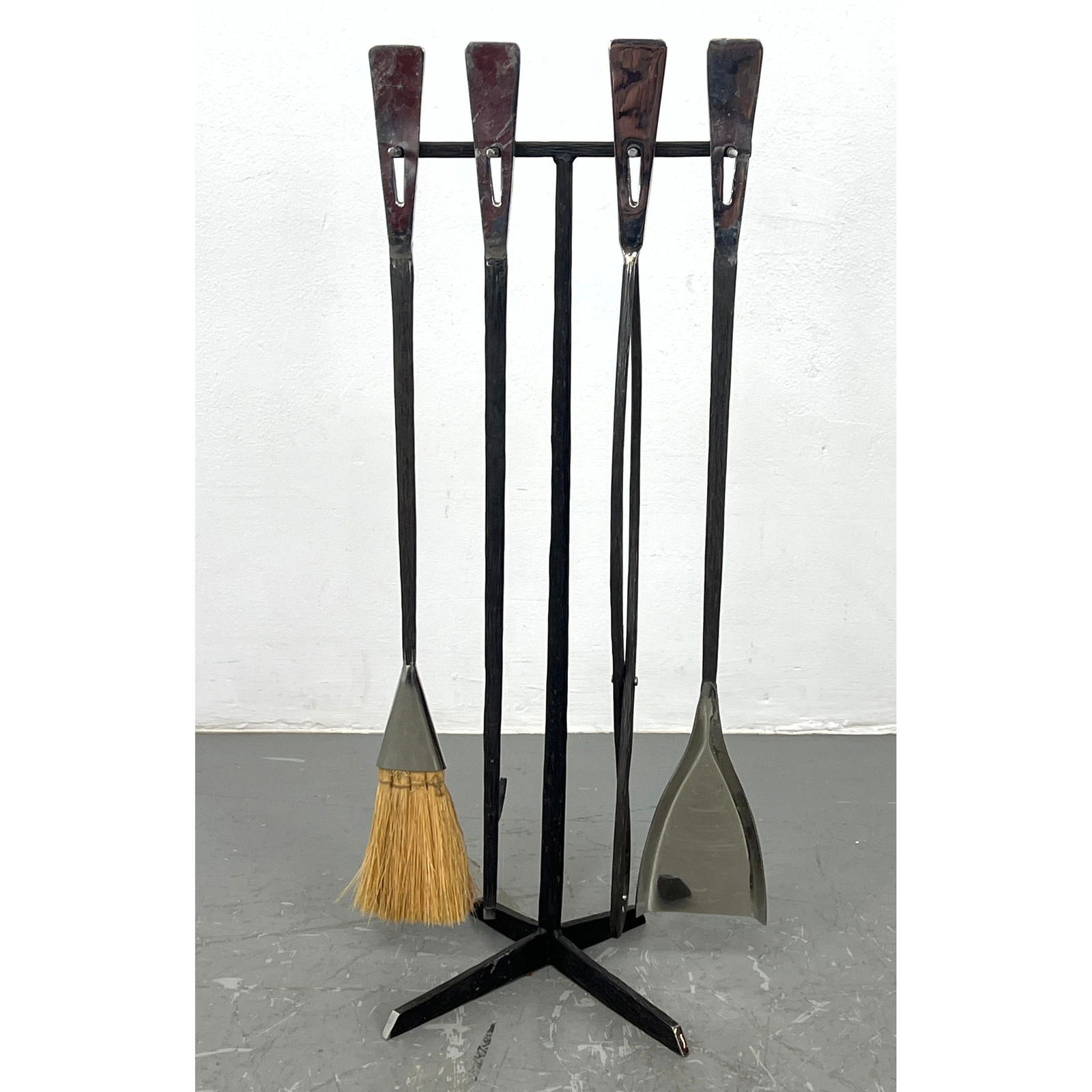 Modernist Chrome Handle Iron Fireplace Tools Set. Black iron stand holds 4 tools. (1 of 8)