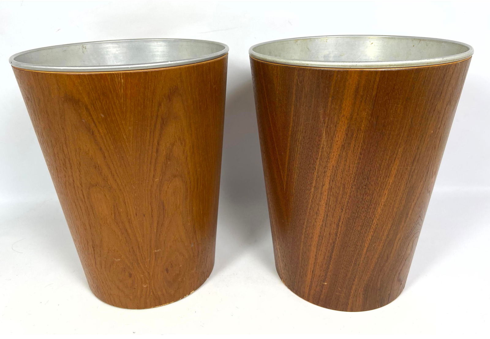 Swedish Modern Sweden Teak Waste Baskets with Spun Aluminum Liners (1 of 7)