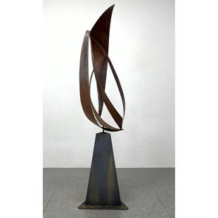 Tall Brutalist Outdoor Metal Sculpture. Rusted Steel Organic Sculpture on Modernist Triangular Base.: Tall Brutalist Outdoor Metal Sculpture. Rusted Steel Organic Sculpture on Modernist Triangular Base. Dimensions: Height: 79 inches, Width: 21 inches, Depth: 21 inches. ---