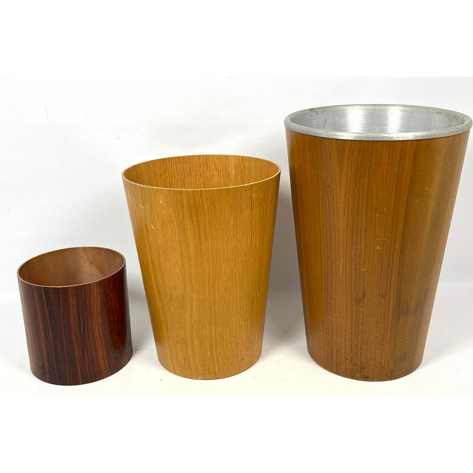 3pc lot midcentury waste baskets. Danish Modern Sweden Teak Waste Baskets. One with Spun Aluminum Li (1 of 18)