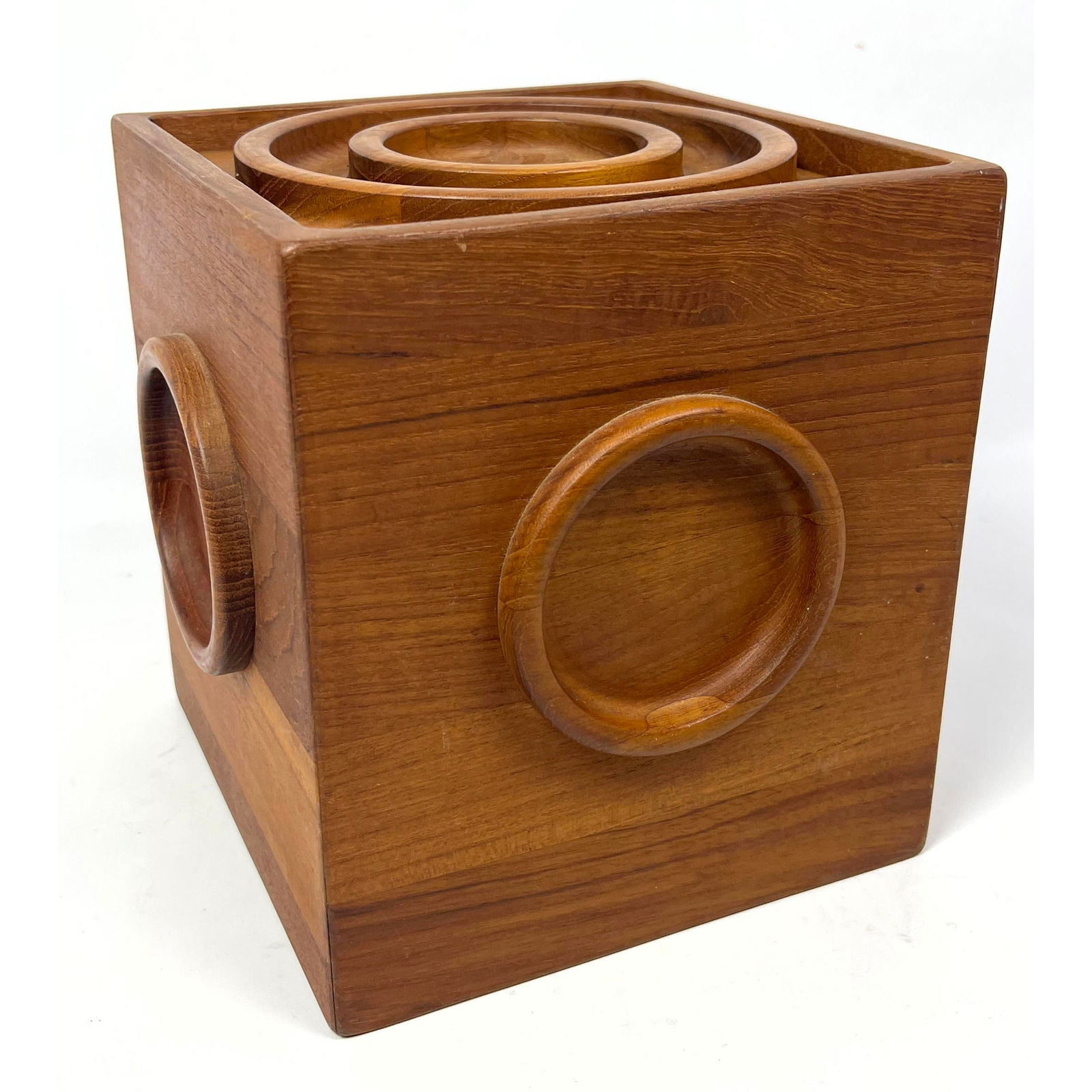 JENS QUISTGAARD for DANSK Square Teak Ice Bucket. Rare HTF Form. Applied Circle Design. Marked. Dani (1 of 10)
