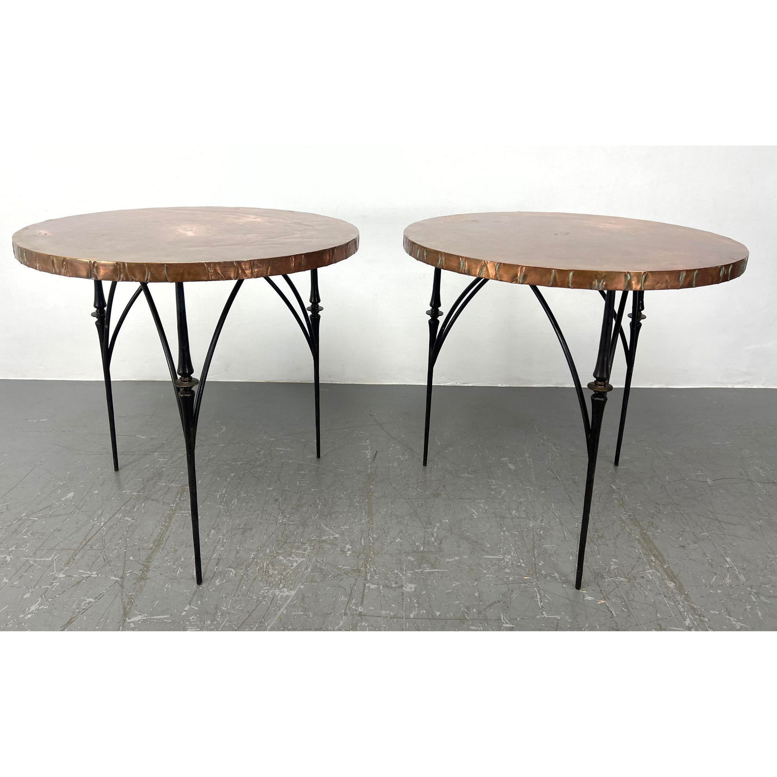 Pair of Copper William Sofield Bistro table from The Soho Grand Hotel NYC. Three sculptural iron leg (1 of 15)